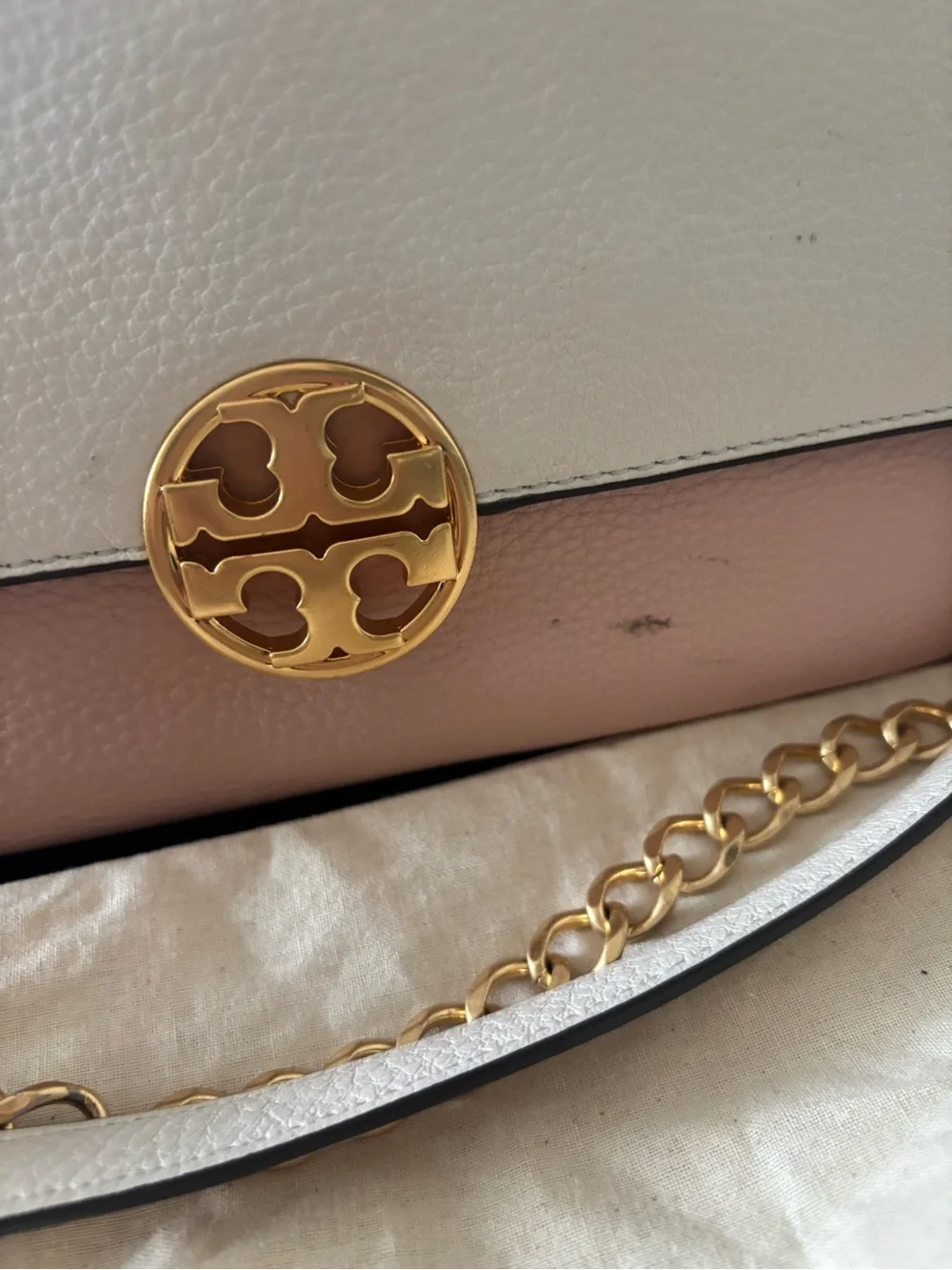 Tory Burch Two-Tone Cream & Blush Pebbled Leather Crossbody
